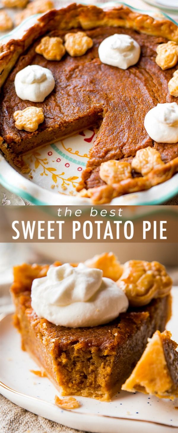 the best sweet potato pie with whipped cream on top is shown in two different pictures