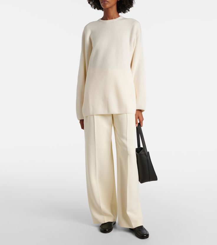 Kate wool and cashmere sweater in white - Fforme | Mytheresa Luxury Wool Sweater For Work, Elegant Cashmere Sweater For Work, Timeless Long Sleeve Workwear Sweater, Elegant Merino Wool Sweater For Work, Luxury Merino Wool Workwear Sweater, Luxury Merino Wool Sweater For Work, Modern Merino Wool Sweater For Work, Elegant Wool Sweater For Workwear, Elegant Soft Knit Sweater For Workwear