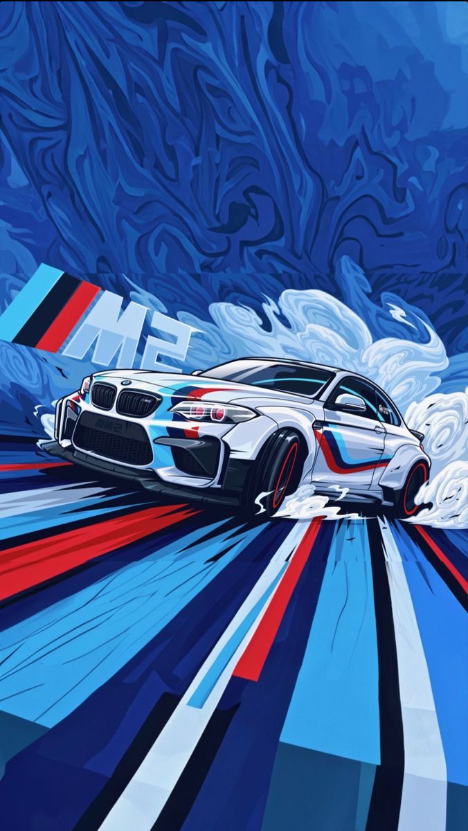 a painting of two cars driving down the road with blue and red stripes on it