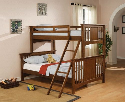 a bunk bed with a wooden ladder next to it in a room that has hardwood floors and white walls