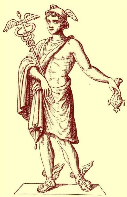 an ancient man holding a staff and standing on a platform with his arm outstretched, vintage line drawing or engraving illustration