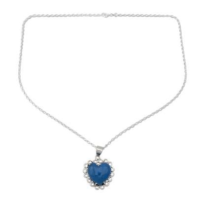 Shanker designs a necklace of romantic elegance that is crafted by hand of sterling silver. The necklace glows with the enhanced blue beauty of chalcedony believed to harmonize mind body and spirit. .925 Sterling silver Elegant Blue Necklaces For Valentine's Day, Elegant Blue Heart Necklace For Valentine's Day, Blue Heart Necklace With Heart Charm For Wedding, Blue Heart Charm Necklace For Wedding, Wedding Heart Necklace With Gemstone In Sterling Silver, Elegant Sapphire Heart Pendant Necklace, Elegant Sterling Silver Crystal Necklace For Valentine's Day, Elegant Sapphire Necklaces For Valentine's Day, Elegant Blue Heart Necklace