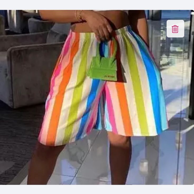 Oversized Multi Color Stripe Shorts With Side Pockets Multicolor Beachwear Bottoms For Summer Outings, Vibrant Pink Bottoms For Summer, Vibrant Pink Summer Bottoms, Multicolor Summer Bottoms For Vacation, Summer Multicolor Bottoms For Vacation, Chic Multicolor Beach Shorts, Multicolor Vacation Bottoms For Spring, Casual Multicolor Shorts For Summer Outings, Colorful Vibrant Bottoms For Vacation