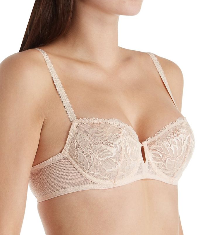 Gorgeous Leavers lace accents this sexy sheer mesh underwire bra. Made of nylon/polyester/elastane. Unlined, seamed, sheer lace underwire cup is stretch, breathable mesh and has an inner side support sling to center and lift. Stretch cups provide an adaptable fit for each breast and are a helpful if you're not quite even. Tall darts add shape to cup. Embroidered floral lace cups. Center panel - wide, arched for high tummy comfort, with keyhole at top. Elastic underband provides additional suppor Underwire Mesh Bra With Padded Cups, Sheer Mesh Underwire Bra, Mesh Underwire Bra With Padded Cups, Fitted Full Coverage Mesh Bra, Sheer Full Coverage Fitted Bra, Fitted Mesh Bra With Removable Pads, Fitted Full Cup Mesh Bra, Sheer Fitted Push-up Bra, Sheer Push-up Bra