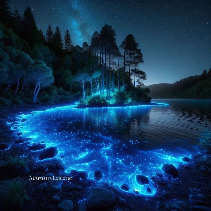 an image of the night sky with stars and lights on water in front of trees