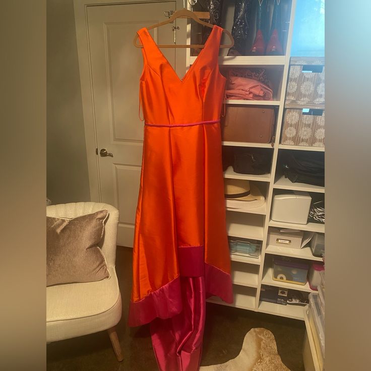 Orange And Hot Pink Brand New With Tags Orange Satin Maxi Dress For Party, Orange Silk Evening Maxi Dress, Orange Silk Maxi Dress For Evening, Orange Satin Evening Dress, Orange Silk Dress For Formal Occasions, Formal Orange Silk Dress, Orange Maxi Dress For Formal Occasions, Sleeveless Orange Evening Dress For Formal Events, Orange Spring Gala Dress