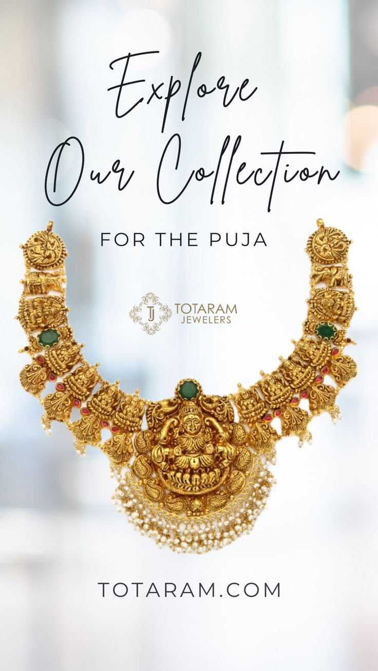 The perfect fusion of contemporary and traditional styles for Varalakshmi Vratam! Explore our collection of 22k Gold Lakshmi Temple Necklaces: https://bit.ly/3qli65U And discover the beauty of our 22k Gold Lakshmi Temple Chandbali for yourself: https://bit.ly/3Yo4p2G @totaramjeweler *Order any of our in-stock jewelry & gifts by 17 Aug for guaranteed delivery by Varalakshmi Vratam 25 Aug* #TotaramJewelers Luxury Fusion Style Temple Necklace Gift, Luxury Yellow Gold Temple Necklace In Chandbali Style, Luxury Gold Temple Jewelry Chandbalis, Luxury Gold Plated Temple Necklace For Women, Affordable Necklaces For Puja And Diwali, Luxury Gold Temple Necklace For Women, Luxury Temple Jewelry Danglers As Gift, Luxury Engraved Temple Necklace For Ceremonial Occasions, Luxury Temple Jewelry Danglers For Gift