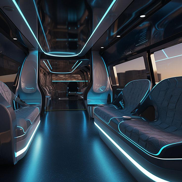 the interior of a bus with blue lights on it and seats in front of them