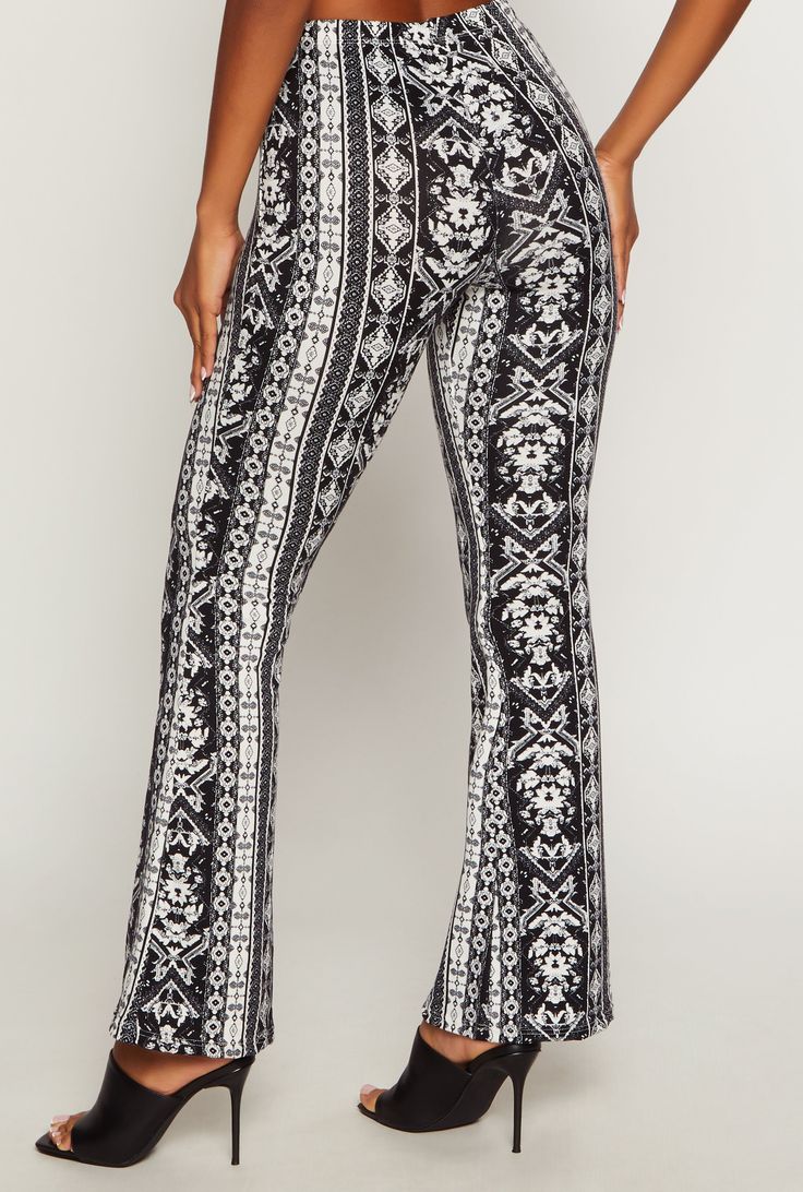 Casual Pant, Flared Leg, High Waisted, Border Print, Item Number 3061062701062 Patterned Vacation Bottoms, Non-stretch White Printed Bottoms, Spring Patterned Stretch Bottoms, White Stretch Printed Pants, Summer Stretch Patterned Bottoms, Stretch Patterned Bottoms For Summer, Printed Fitted Long Pants, Fitted Printed Long Pants, Printed Full-length Fitted Bottoms