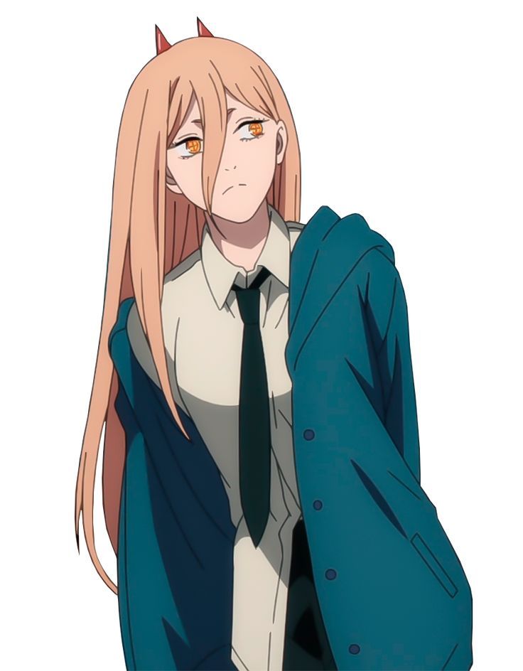 an anime character with long blonde hair wearing a blue jacket and tie, standing in front of a white background