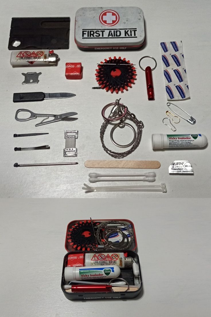 the contents of a first aid kit are laid out on a table with scissors, toothbrushes and other items