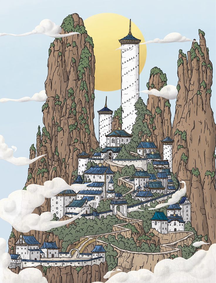 Colorful detailed illustration fo the Southern Air Temple from Avatar the Last Airbender Air Temple Avatar, Southern Air Temple, Air Temple, Zed League Of Legends, Fantasy City Map, Fantasy Town, Fantasy World Map, Temple Art, Fantasy City