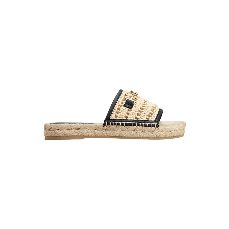 Tod's woven raffia espadrille sandals with leather trim and metal logo strap accent Flat braided-jute heel Open toe Slide style Rubber outsole Lining: Polyester Made in Italy Luxury Straw Sandals With Woven Sole, Chic Woven Leather Espadrilles For Beach, Designer Sandals With Woven Straw Sole, Designer Beach Sandals With Textured Sole, Luxury Espadrilles With Woven Sole For Vacation, Luxury Summer Espadrilles With Textured Sole, Chic Natural Color Espadrilles With Woven Leather, Luxury Vacation Espadrilles With Woven Sole, Luxury Beach Espadrilles