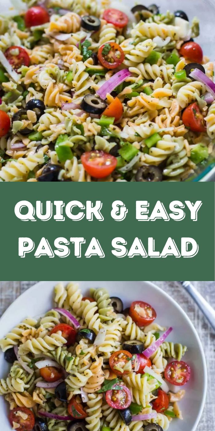 quick and easy pasta salad with fresh tomatoes, olives, green onions, red onion, black olives in a creamy dressing