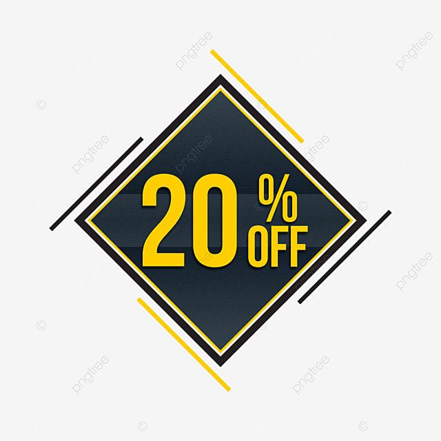 a black and yellow sign with the words 20 % off on it, against a white background