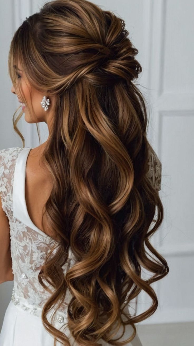 a woman with long wavy hair wearing a wedding dress