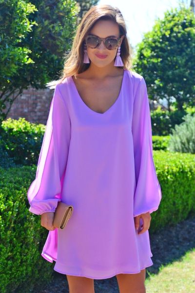 Purple Garden Party Dress, Elegant Purple Chiffon Dress For Summer, Purple Mini Dress For Spring Formal, Elegant Purple Mini Dress For Brunch, Spring Evening Mini Dress With Bishop Sleeves, Lavender Flowy Party Dress, Purple Chiffon Dress For Formal Occasions, Flowy Lavender Party Dress, Flowy Lavender Dress For Party