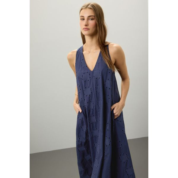 Blue cotton (100% Cotton). Casual dress. V-neck. Sleeveless. Pull on. 52" from shoulder to hemline. Imported. Cotton V-neck Sundress Maxi Dress, Chic Cotton V-neck Sundress, Cotton V-neck Sundress For Daywear, Cotton Sleeveless V-neck Dress For Beach, Summer V-neck Cotton Midi Dress, Cotton Sleeveless Unlined Midi Dress, Sleeveless Cotton Unlined Midi Dress, Sleeveless Cotton Midi Dress Unlined, Unlined Sleeveless Cotton Midi Dress