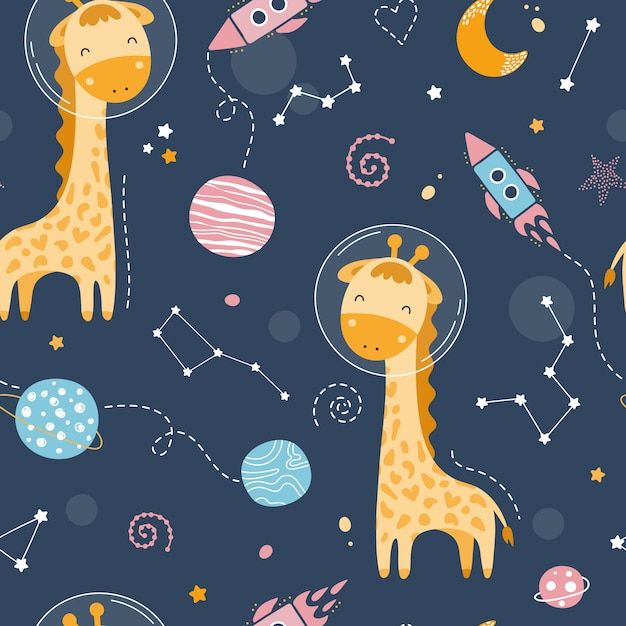 seamless pattern with cute giraffes and planets on blue background for children's wallpaper