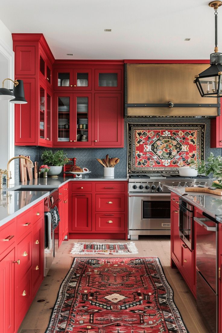 Bold and Beautiful: 25 Red Kitchen ideas That Make a Statement Kitchen Slab Backsplash, Red Kitchen Ideas, Red Kitchen Appliances, Red Kitchens, Red Kitchen Cabinets, Slab Backsplash, Red Backsplash, Affordable Kitchen Cabinets, Patterned Kitchen Tiles