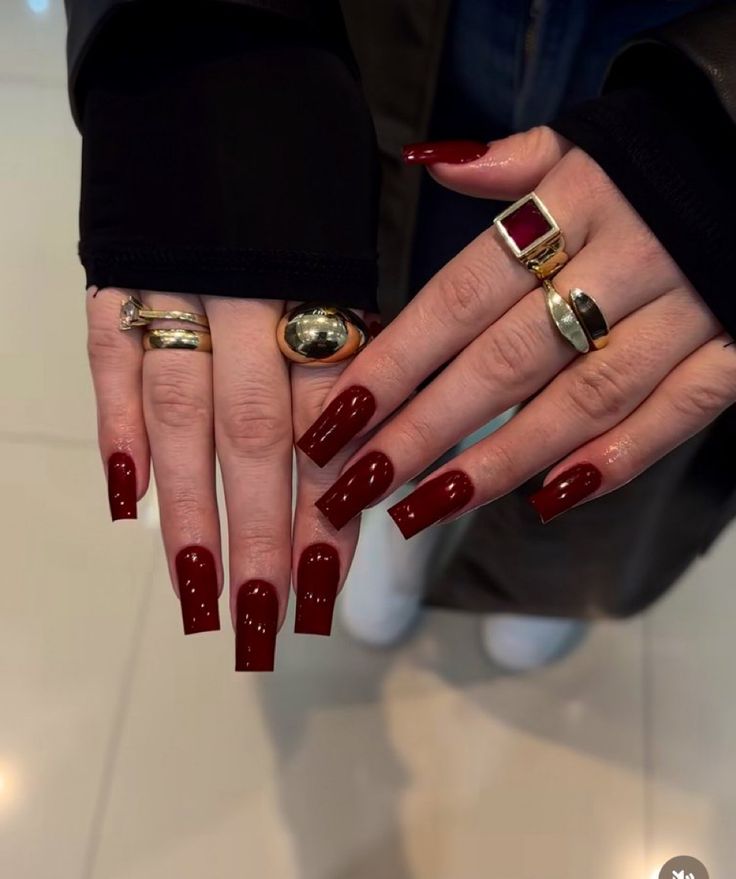 Red Square Acrylic Nails, Deep Red Nails, Kutek Disney, Finger Tats, Dark Red Nails, Wine Nails, Maroon Nails, Milky Nails, Red Acrylic Nails