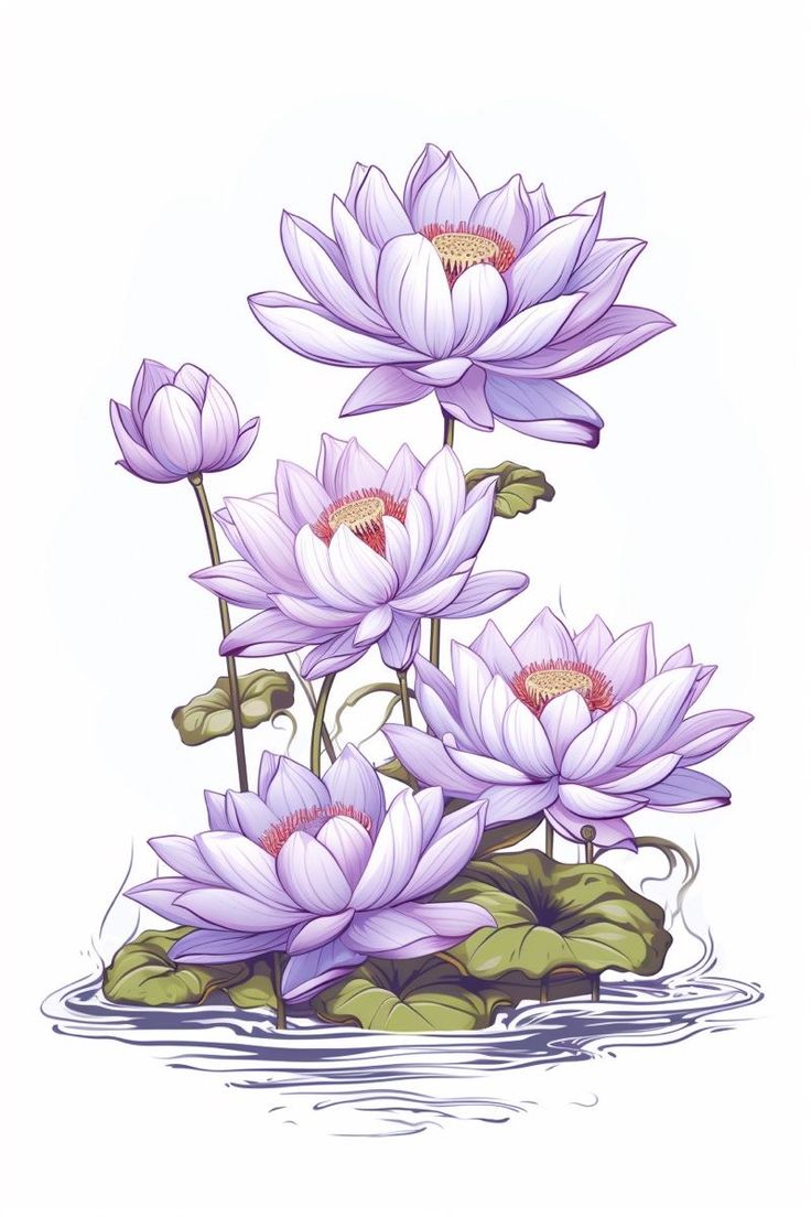 purple water lilies are floating on top of green leaves