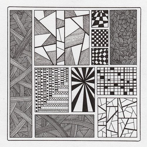 a black and white drawing of many different shapes, sizes and colors in squares on paper