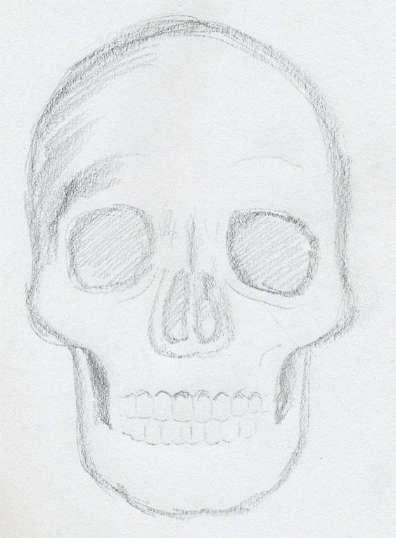 a drawing of a skull with one eye open and the other half closed, in white paper