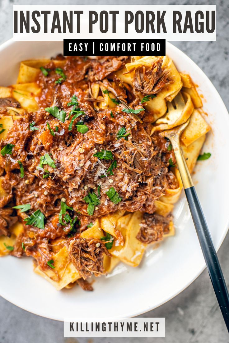 instant pot pork ragu in a white bowl with a gold spoon on the side