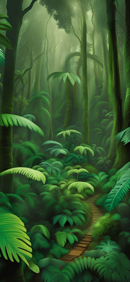 a painting of a forest with lots of green plants