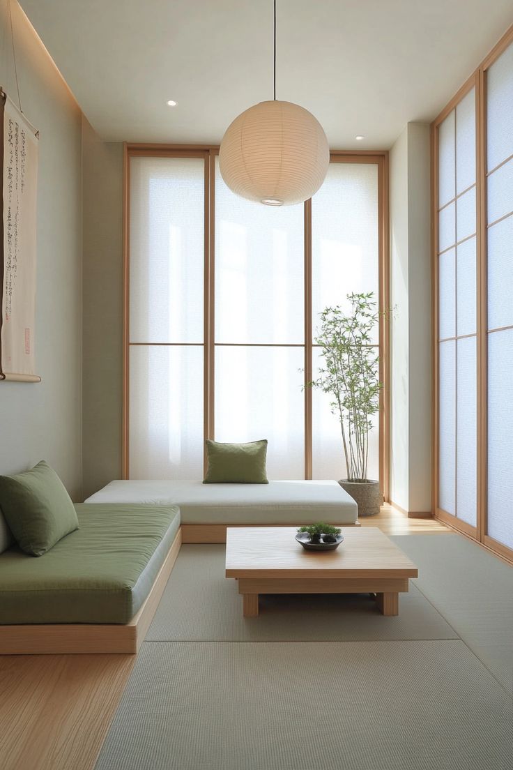 a living room with two couches and a coffee table in front of large windows