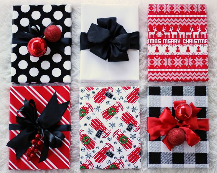 four different types of christmas wrappings with bows and ornaments on them, all wrapped in red and black paper