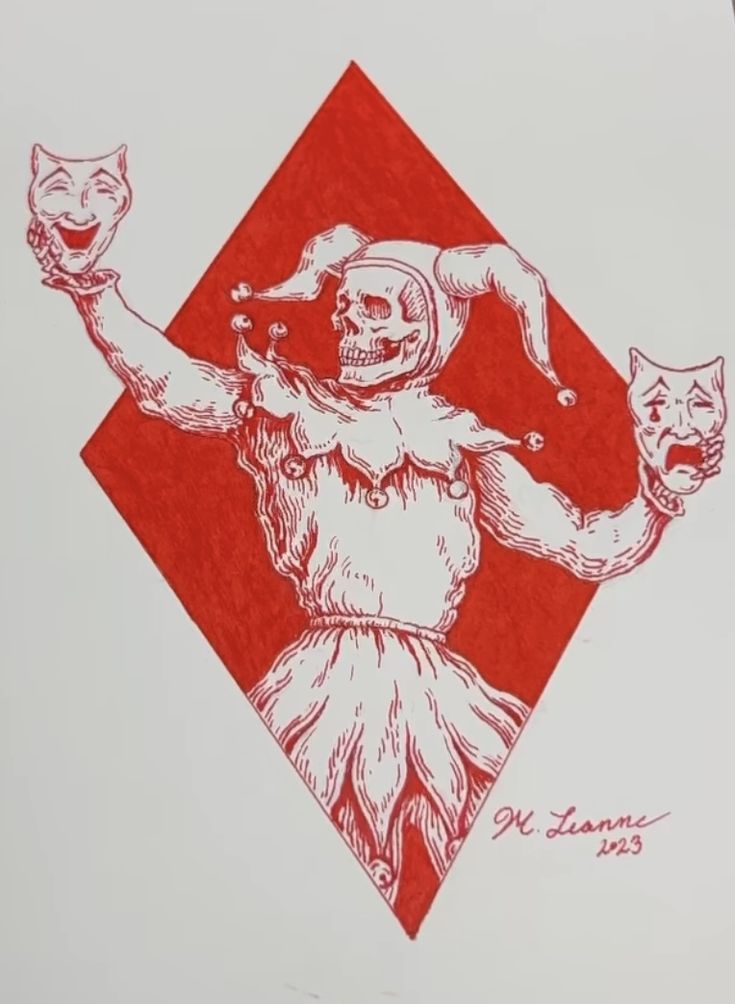 a red and white drawing of a clown with two cats on his arm, in front of a diamond