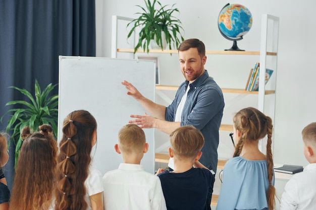 a man standing in front of a whiteboard surrounded by small children and pointing to it