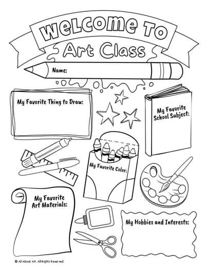 an art class coloring page with supplies for students to use on their artwork workbook