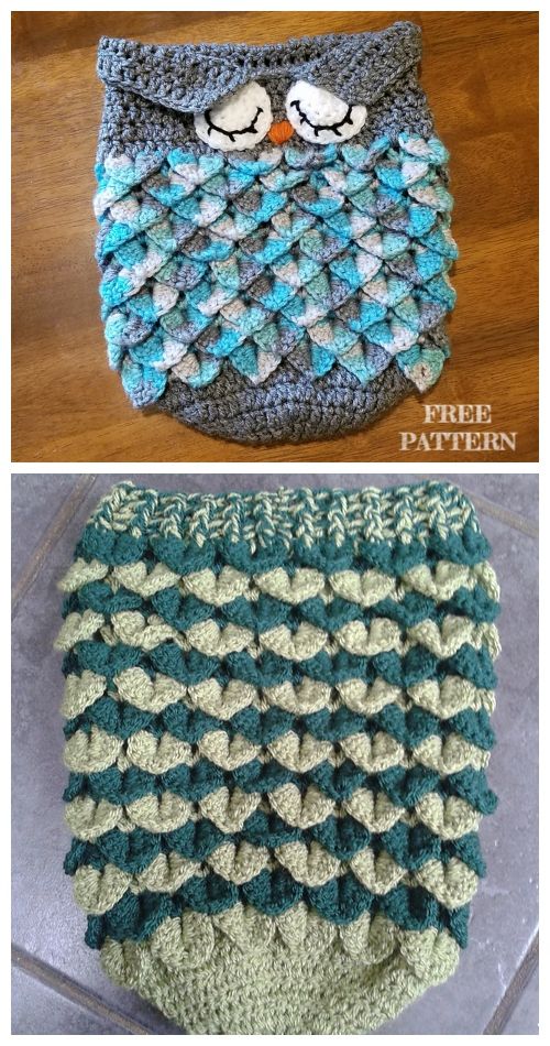 crocheted owl purse is shown in two different colors