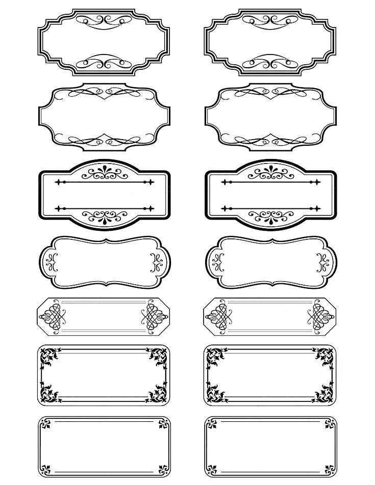 a set of four ornate labels in black and white, each with different designs on them