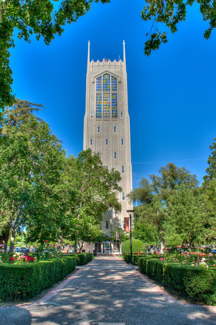 a tall building surrounded by lush green trees