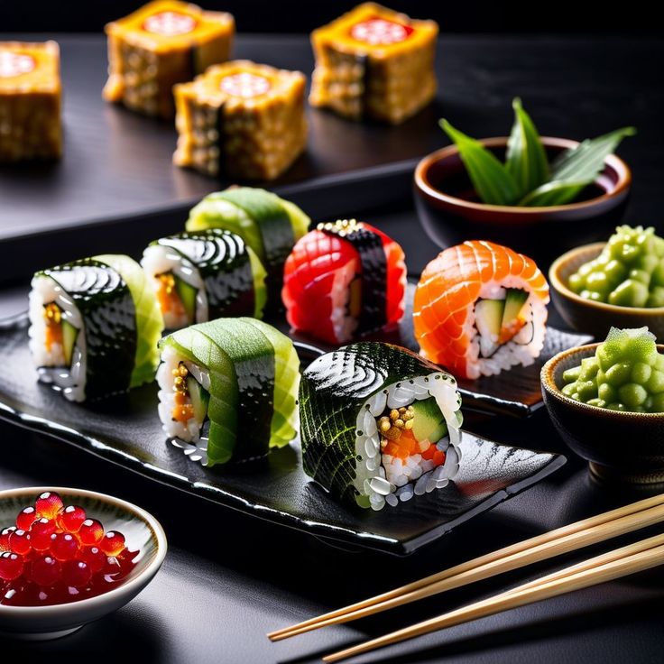 sushi is served on a black plate with chopsticks and sauce in bowls