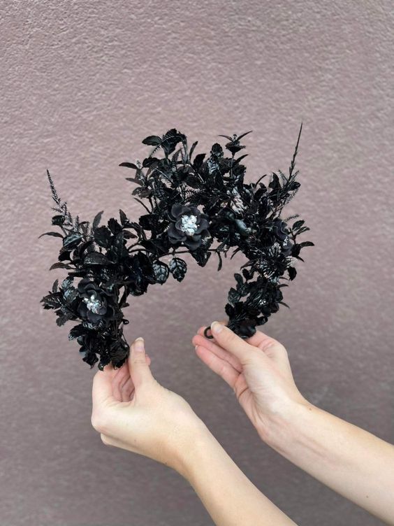 Black Bridal Crown, Black Flower Headpiece, Black Bridal Headpiece, Black Flowers In Hair, Black Floral Crown, Corpse Bride Flower Crown, Black Tiara Wedding, Halloween Wedding Hair, Black Feather Crown