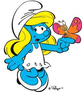 the smurf is holding a butterfly in her hand