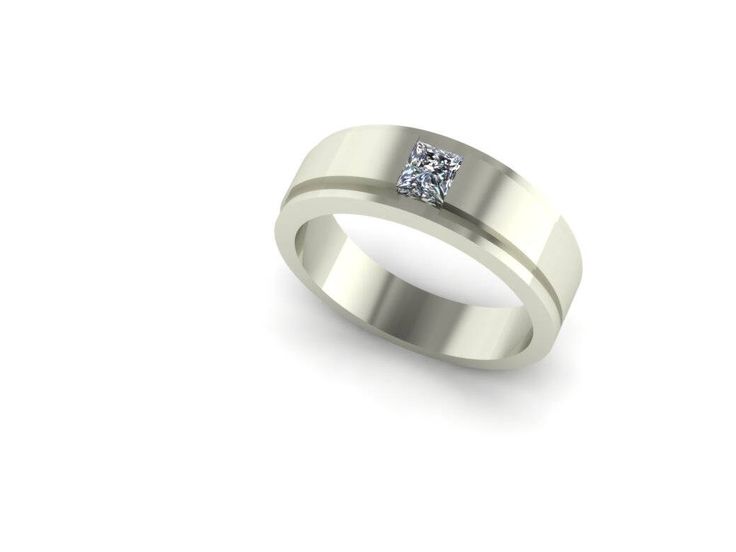 a white gold ring with a single diamond in the center, on a white background