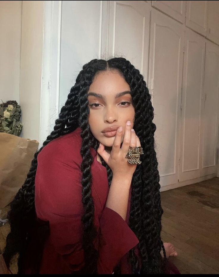 Jumbo Cuban Twist, Twists Black Women Hairstyles, Vacation Protective Styles Black Hair, Jumbo Locs Black Women, Medium Length Passion Twists, Jumbo Twist Braids Hairstyles, Bob Marley Twist Hairstyles, Four Braids Hairstyles, Box Braids Aesthetic