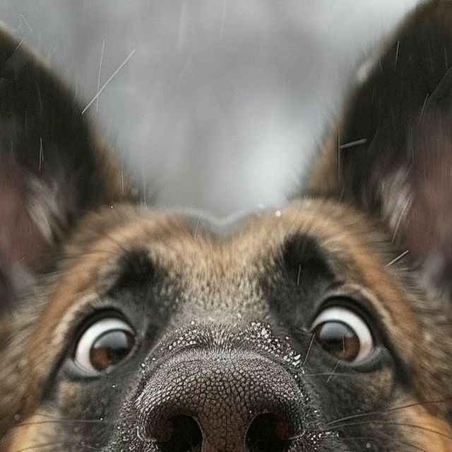 a close up of a dog's face with it's eyes wide open