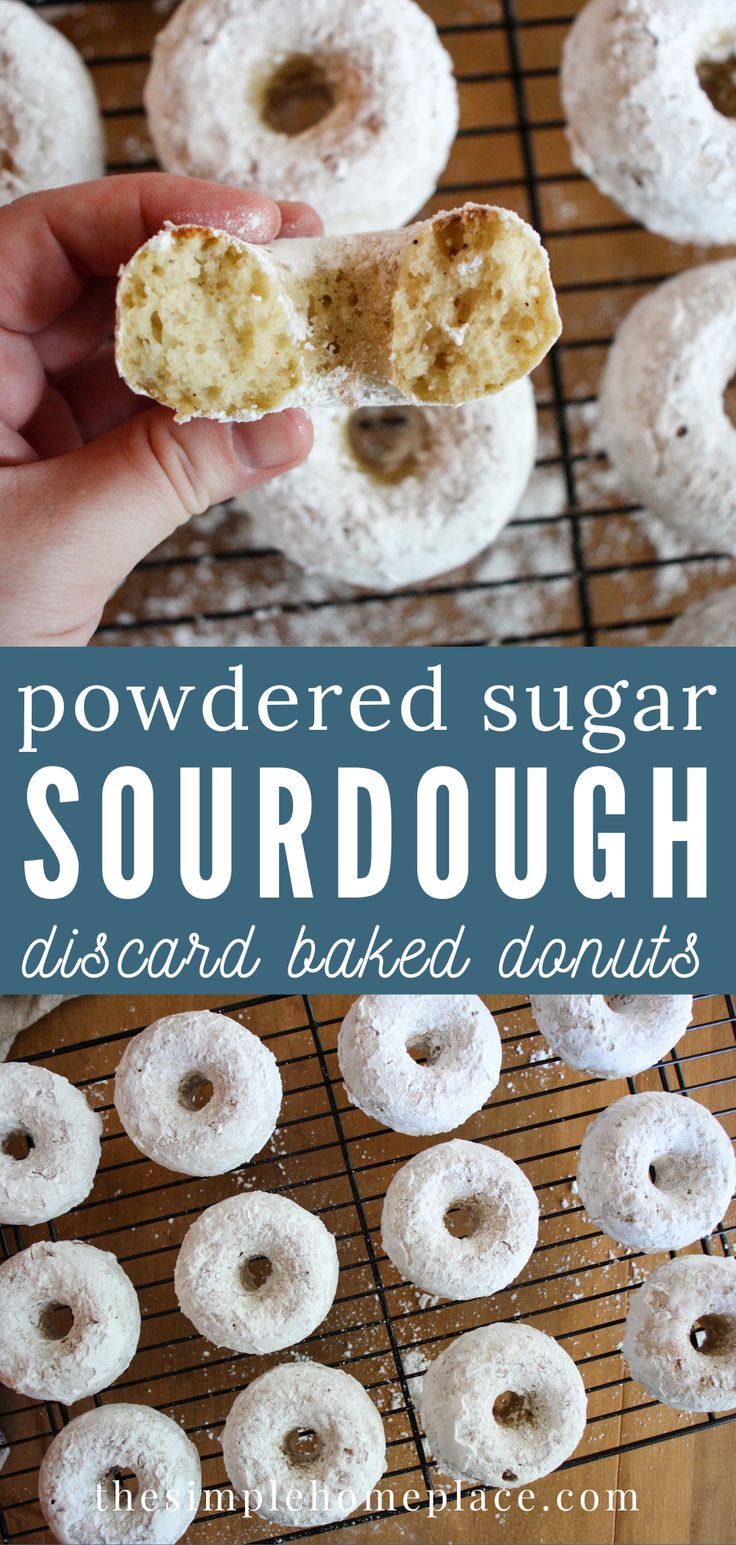 a person holding up a sugar doughnut with the words, powdered sugar sourdough disard baked donuts