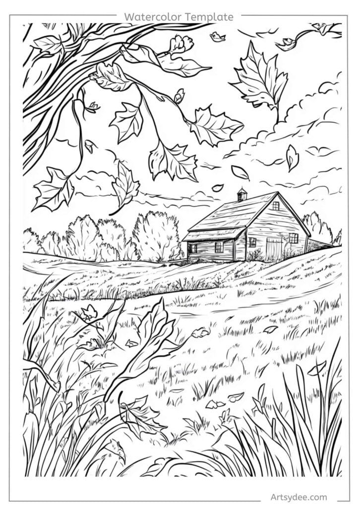 an image of a house in the woods with trees and leaves coloring page for adults