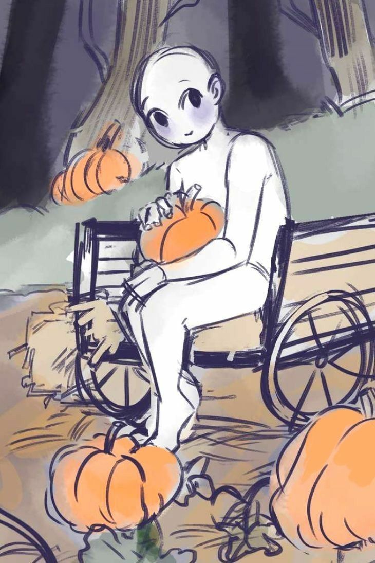 an alien sitting on a bench with pumpkins