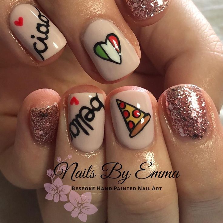 Ciao Bella Italian pizza nail design Nails Italy Design, Nail Designs For Italy, Pizza Nails Designs, Italian Nails Designs, Italy Theme Nails, Pizza Nail Art, Summer Italy Nails, Italian Themed Nails, Italy Themed Nails