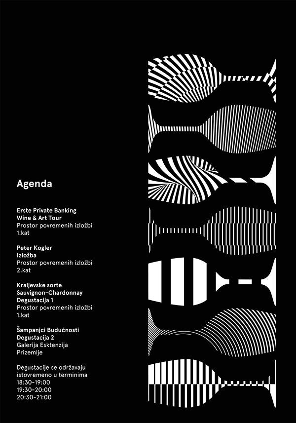 an abstract black and white poster with the words agenda on it's back side