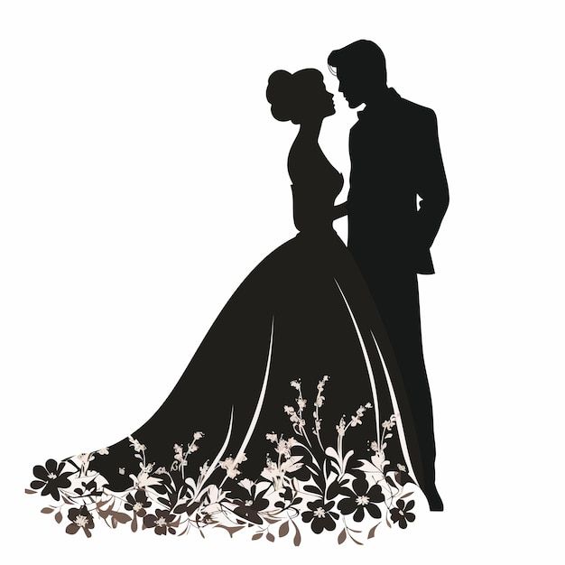 a bride and groom silhouetted against a white background with flowers in the foreground